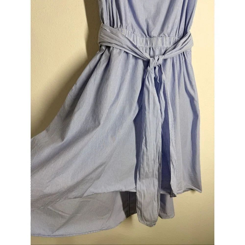 Saks Fifth Avenue Blue Striped Off Shoulder Dress Belted High Low Cotton Size L - Picture 5 of 16